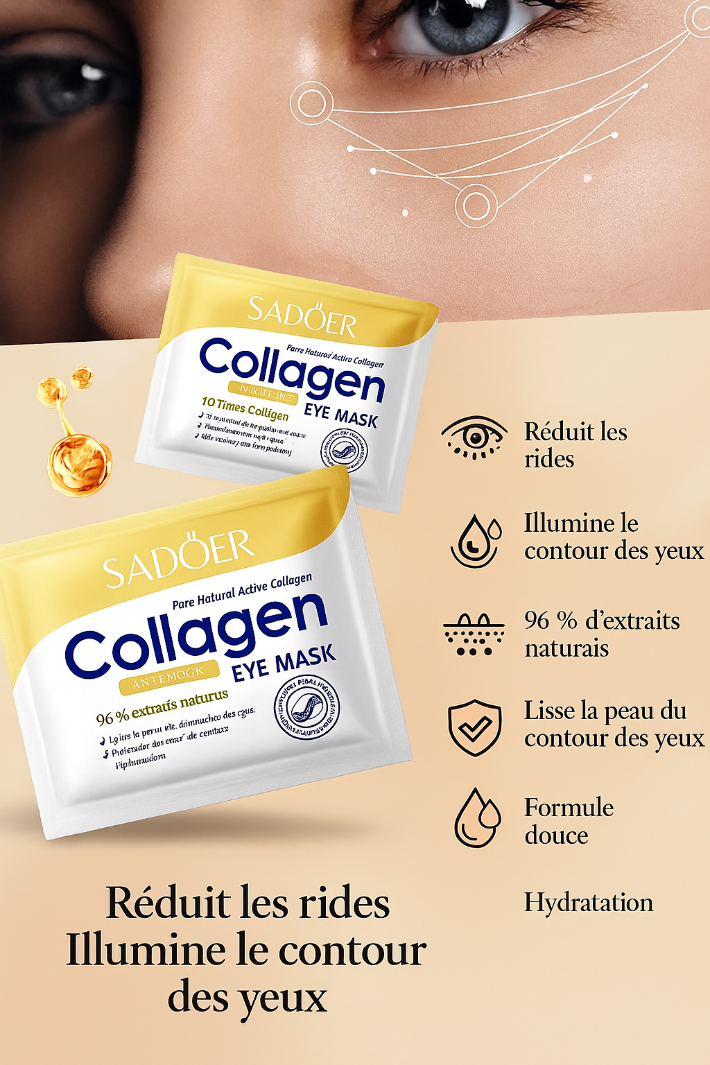 Patch contour des Yeux au Collagène – Anti-Cernes, Anti-Poches & Hydratant