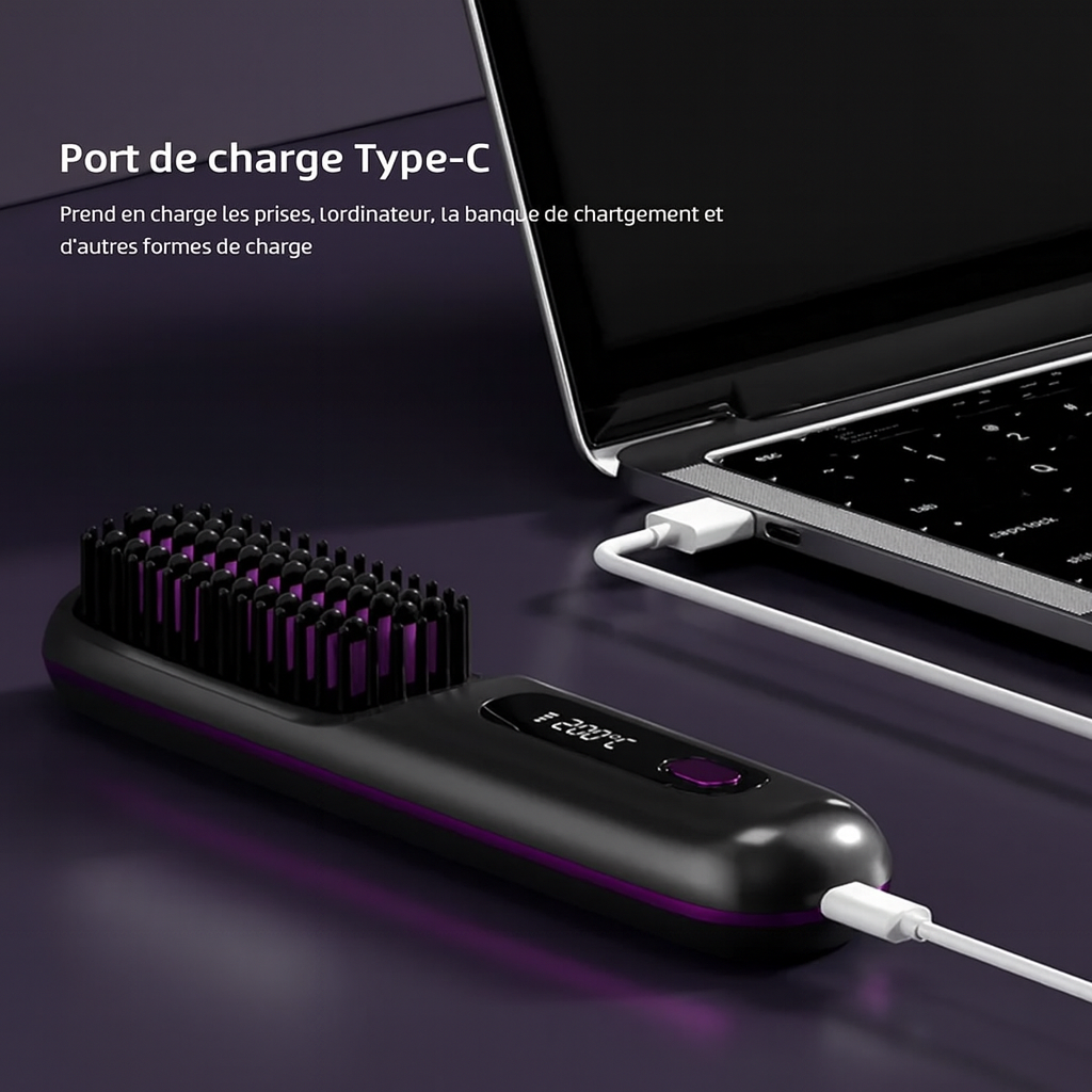 Brosse Lissante Chauffante Sans Fil avec Écran LCD – Céramique & Ions Négatifs