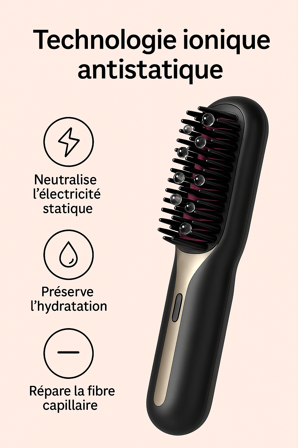 Brosse Lissante Chauffante Sans Fil – Céramique & Ions Négatifs