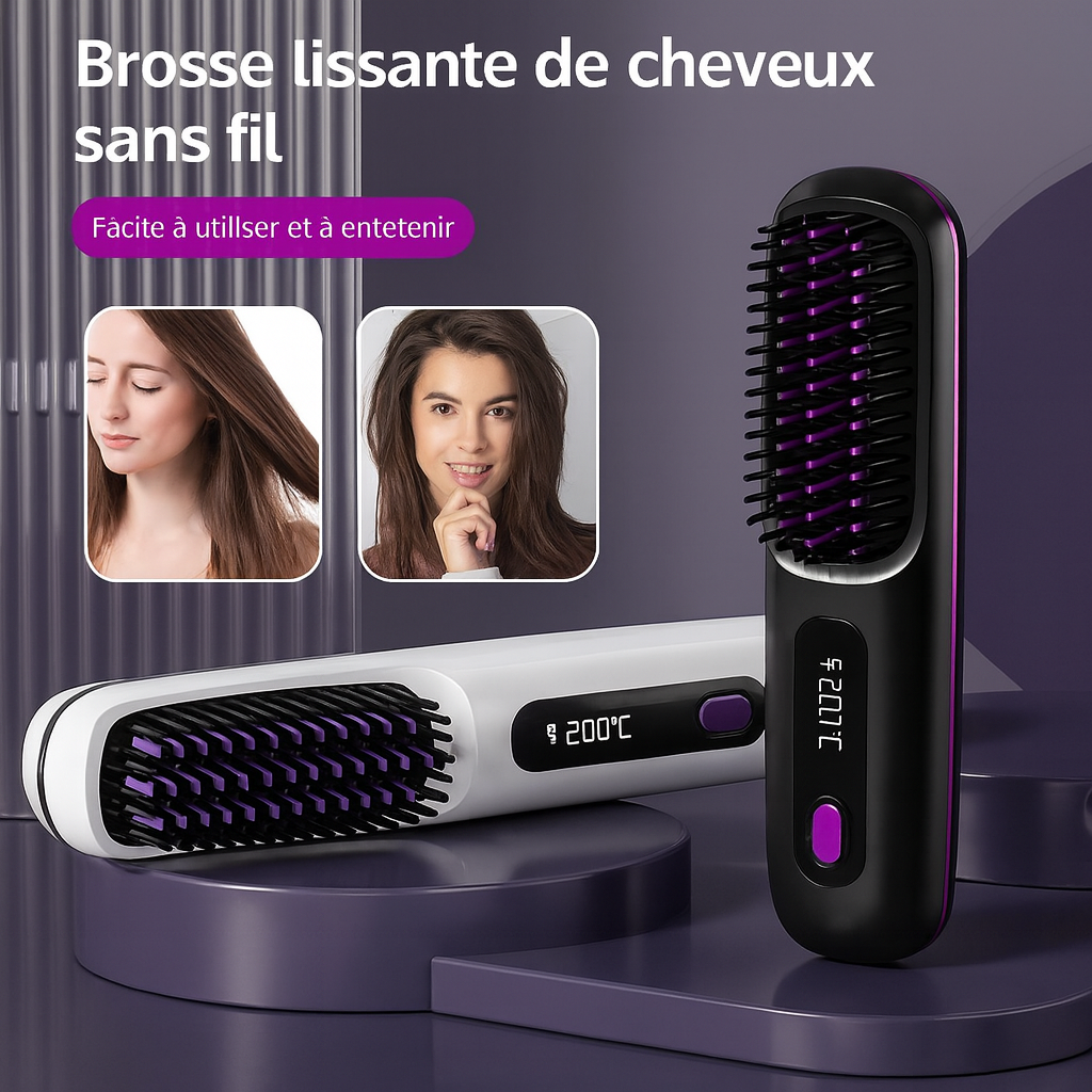 Brosse Lissante Chauffante Sans Fil avec Écran LCD – Céramique & Ions Négatifs