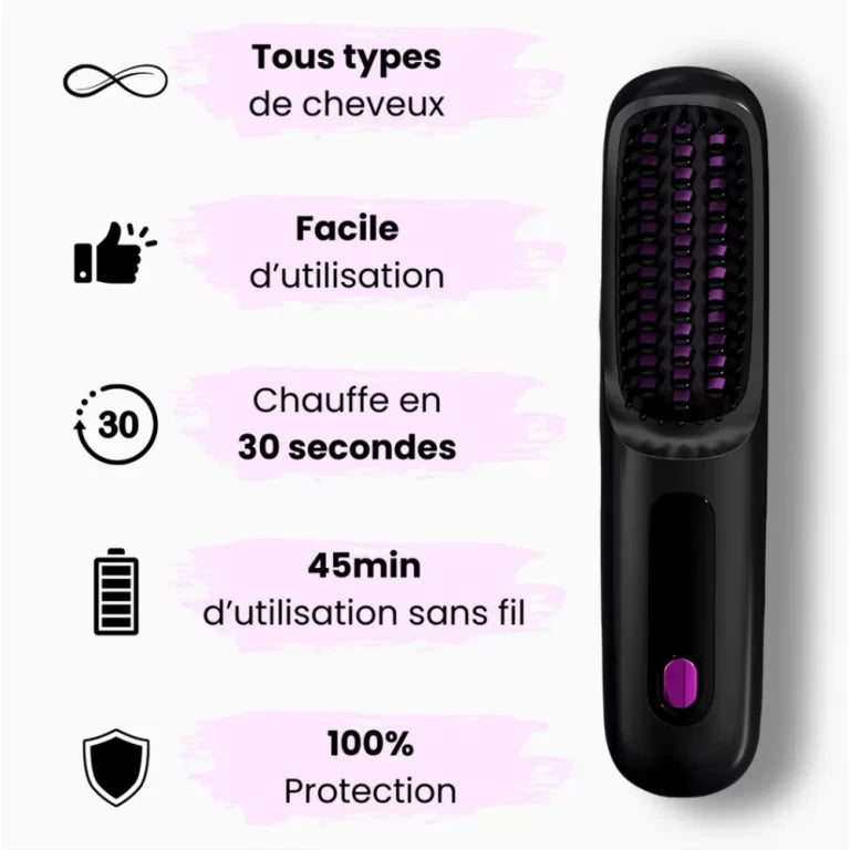 Brosse Lissante Chauffante Sans Fil avec Écran LCD – Céramique & Ions Négatifs