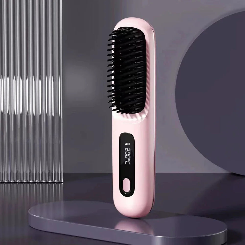Brosse Lissante Chauffante Sans Fil avec Écran LCD – Céramique & Ions Négatifs