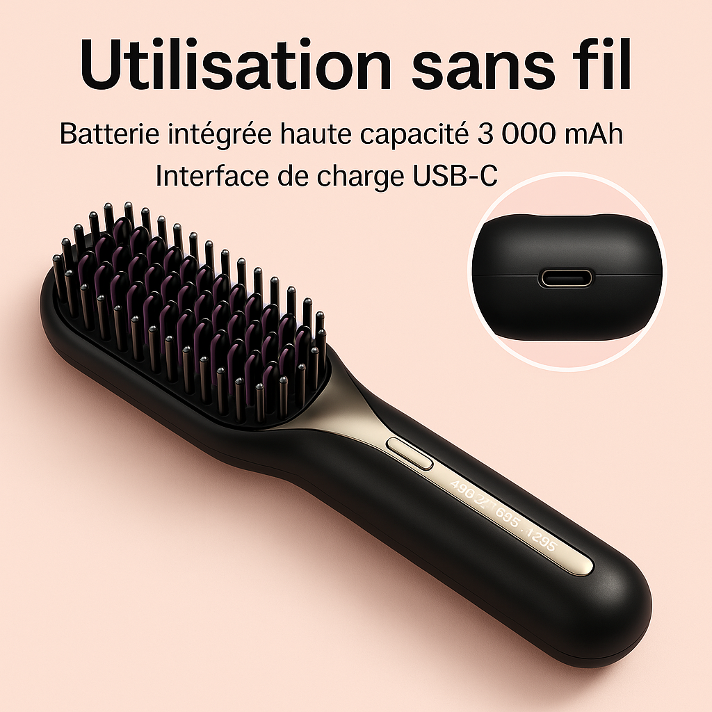Brosse Lissante Chauffante Sans Fil – Céramique & Ions Négatifs