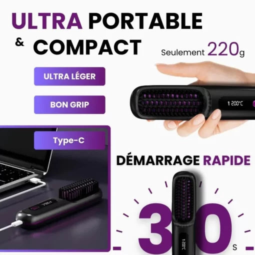 Brosse Lissante Chauffante Sans Fil avec Écran LCD – Céramique & Ions Négatifs